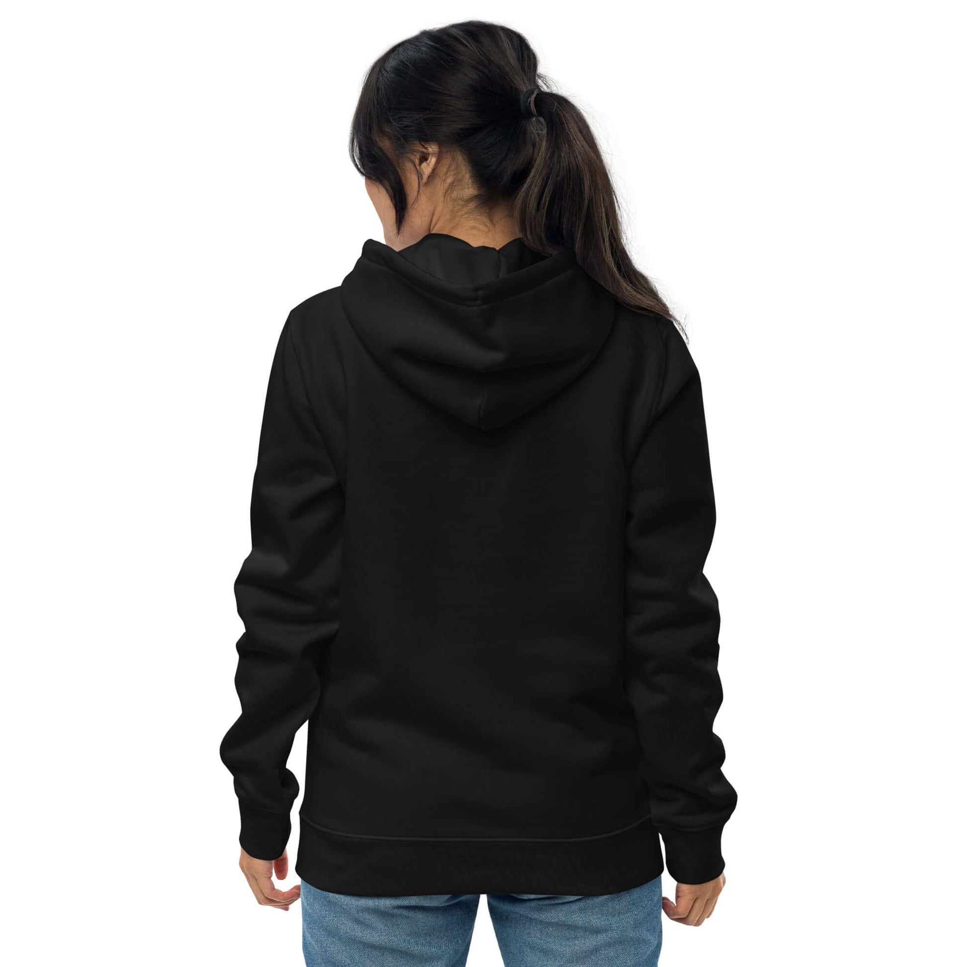 other ideas eco streetwear women's classic black sweatshirt hoodie with cat photo print organic cotton blend jersey sustainable slow fashion modelled back view with hood down