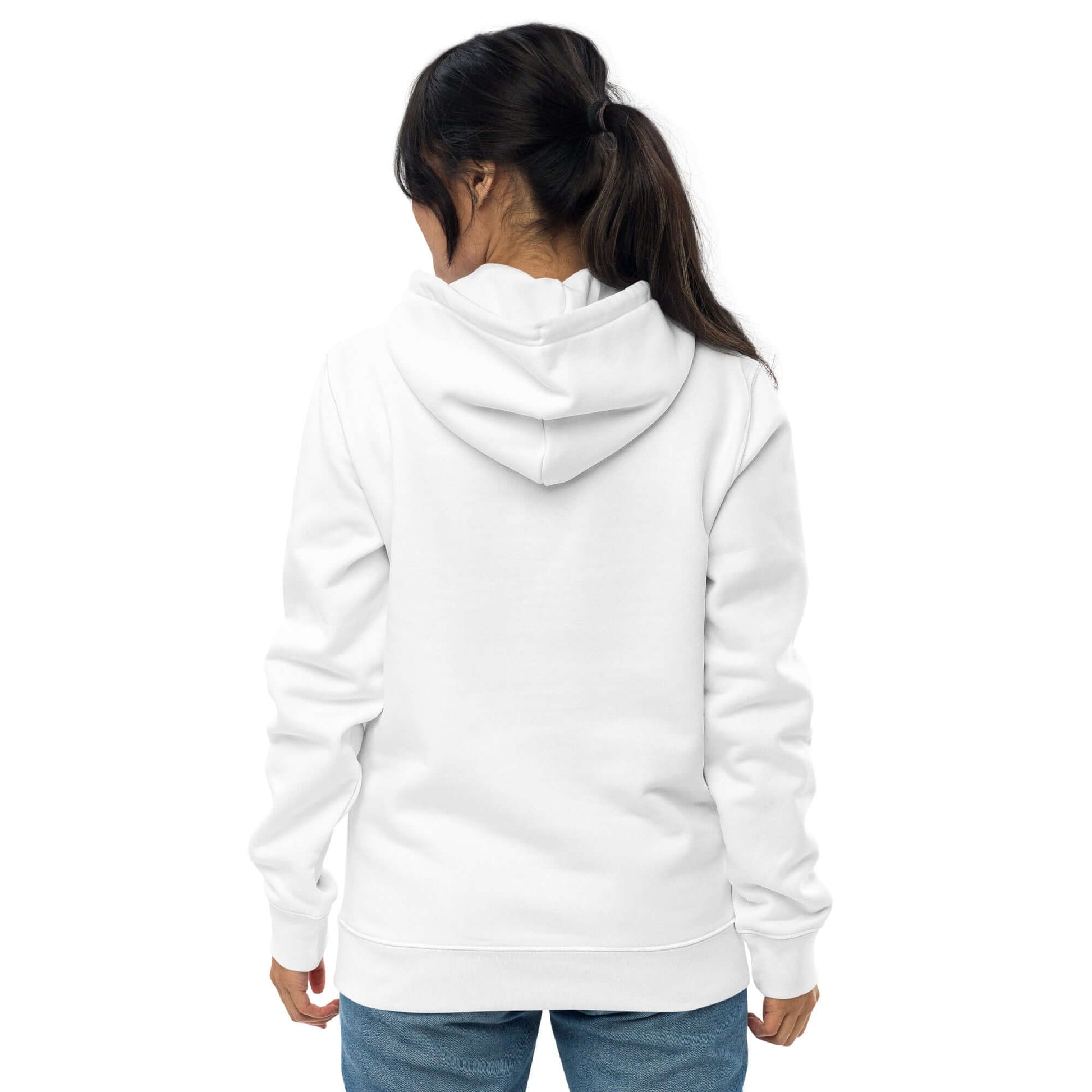 other ideas eco streetwear women's classic white sweatshirt hoodie with cat photo print organic cotton blend jersey sustainable slow fashion modelled back view with hood down