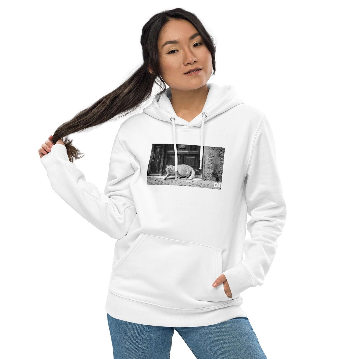 other ideas eco streetwear women's classic white sweatshirt hoodie with cat photo print organic cotton blend jersey sustainable slow fashion modelled front view with hood down