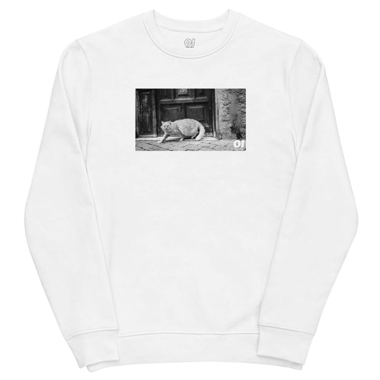 other ideas eco streetwear women's classic white sweatshirt with cat photo print organic cotton blend jersey sustainable slow fashion flat front view