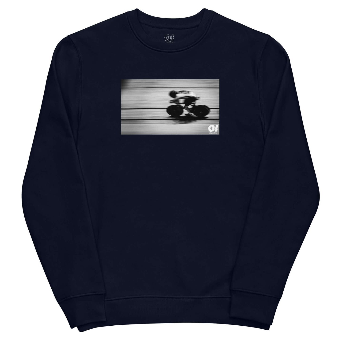 other ideas eco streetwear women's classic french navy blue sweatshirt with black and white cycling photo print organic cotton blend jersey sustainable slow fashion flat front view