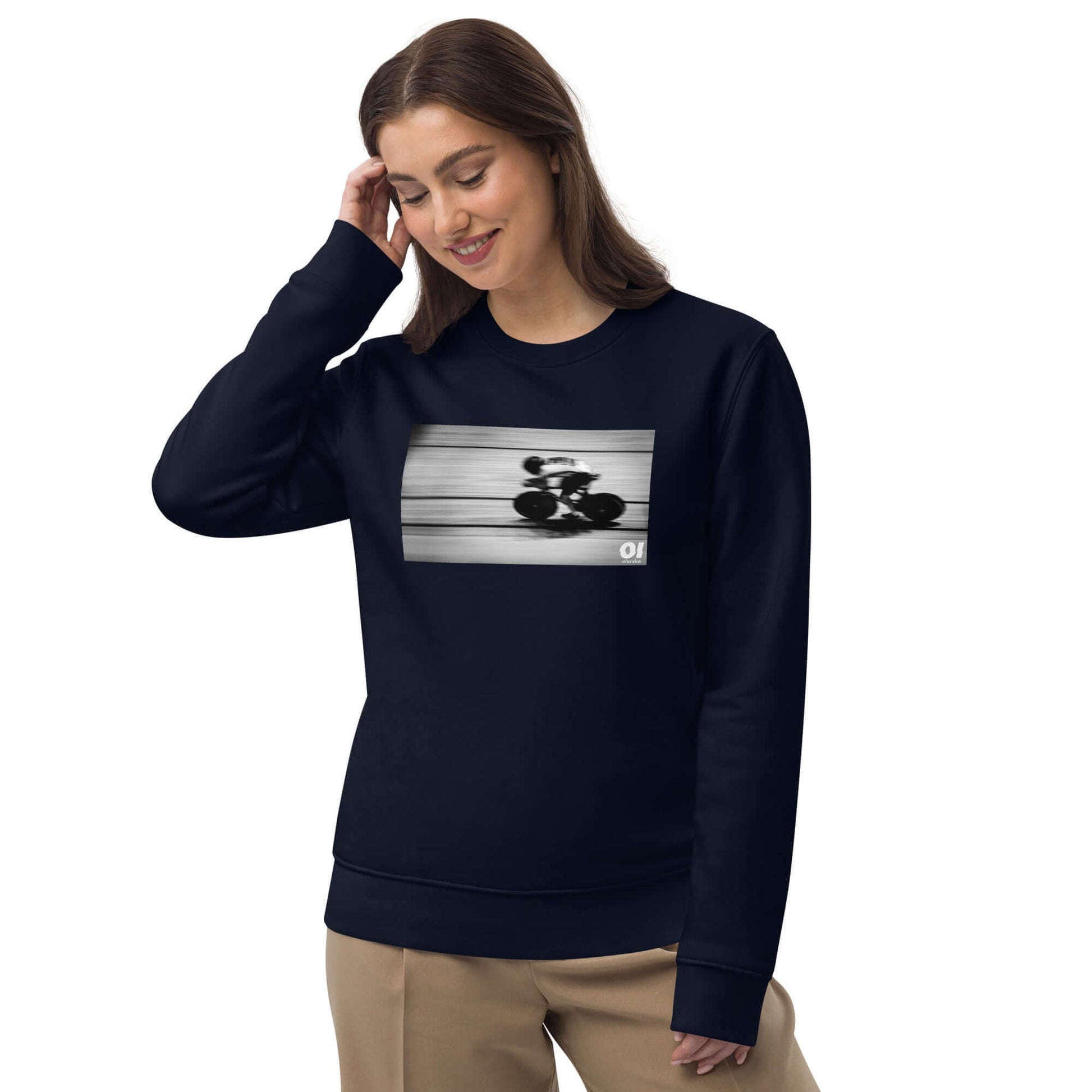 other ideas eco streetwear women's classic french navy blue sweatshirt with black and white cycling photo print organic cotton blend jersey sustainable slow fashion modelled front view