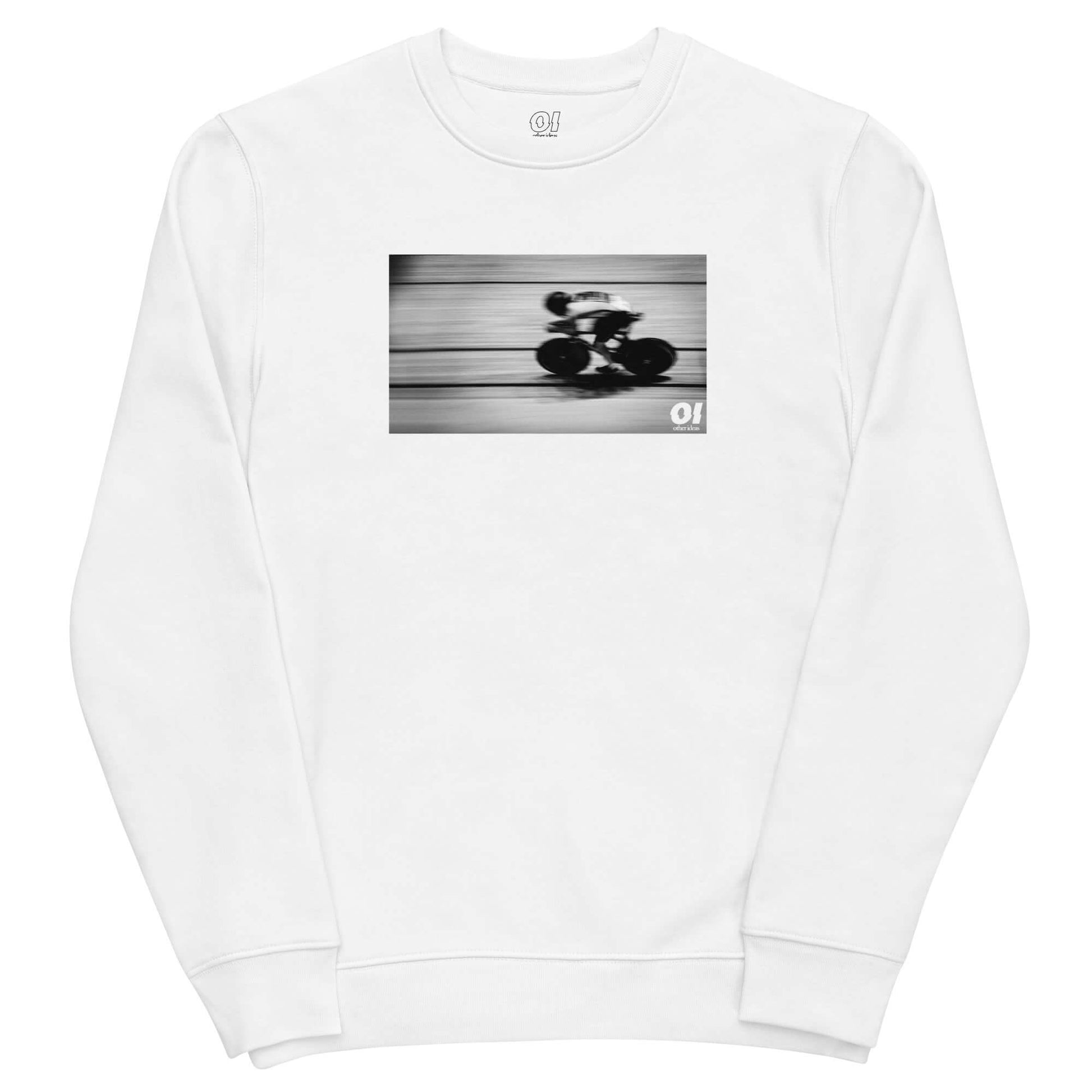 other ideas eco streetwear women's classic white sweatshirt with black and white cycling photo print organic cotton blend jersey sustainable slow fashion flat front view