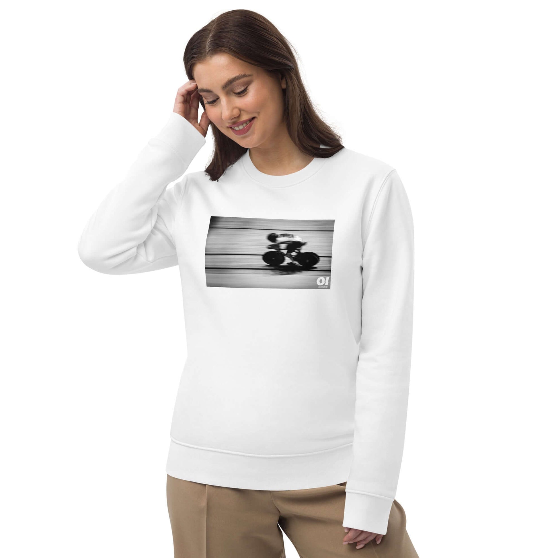 other ideas eco streetwear women's classic white sweatshirt with black and white cycling photo print organic cotton blend jersey sustainable slow fashion modelled front view