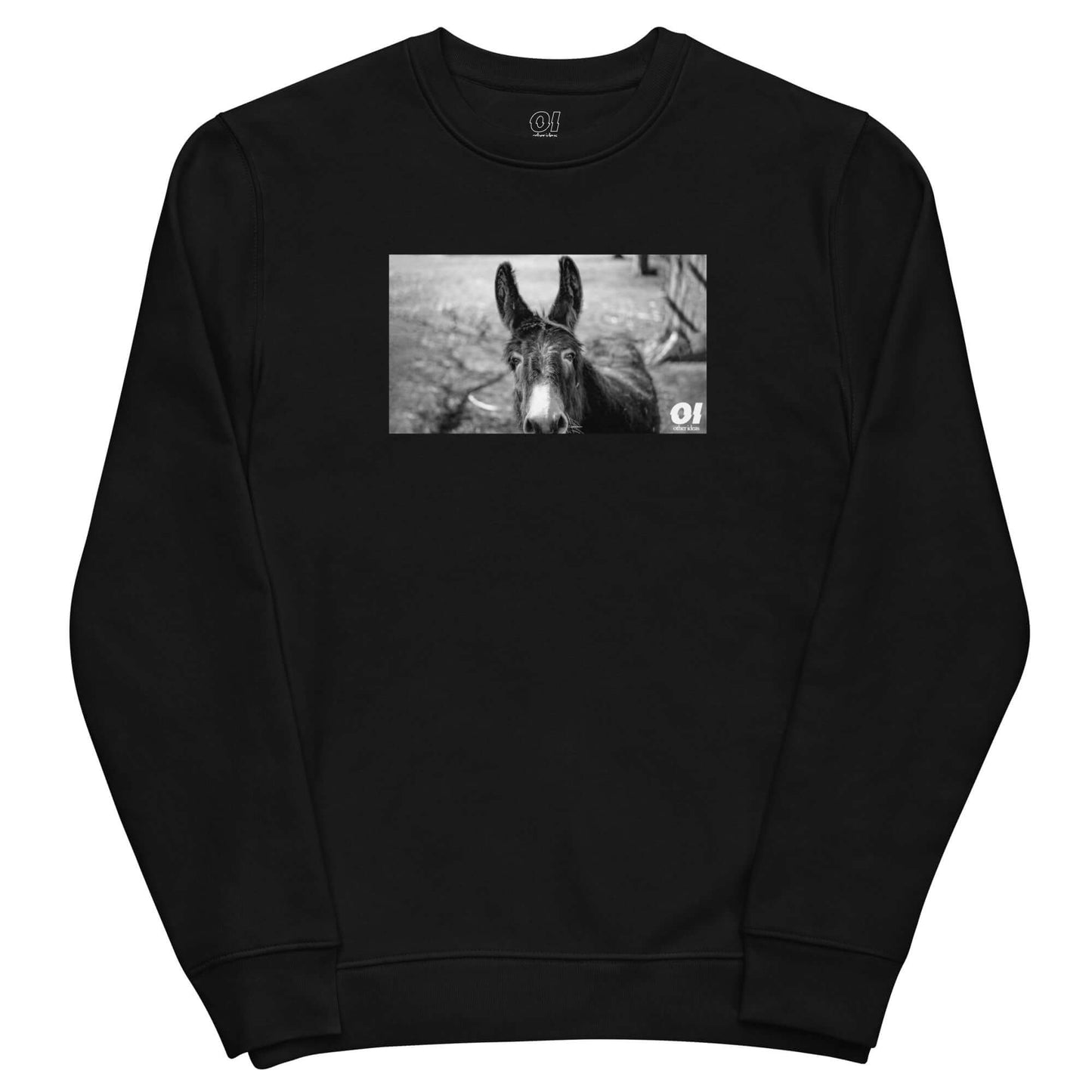 other ideas eco streetwear women's classic black sweatshirt with black and white happy donkey photo print organic cotton blend jersey sustainable slow fashion flat front view