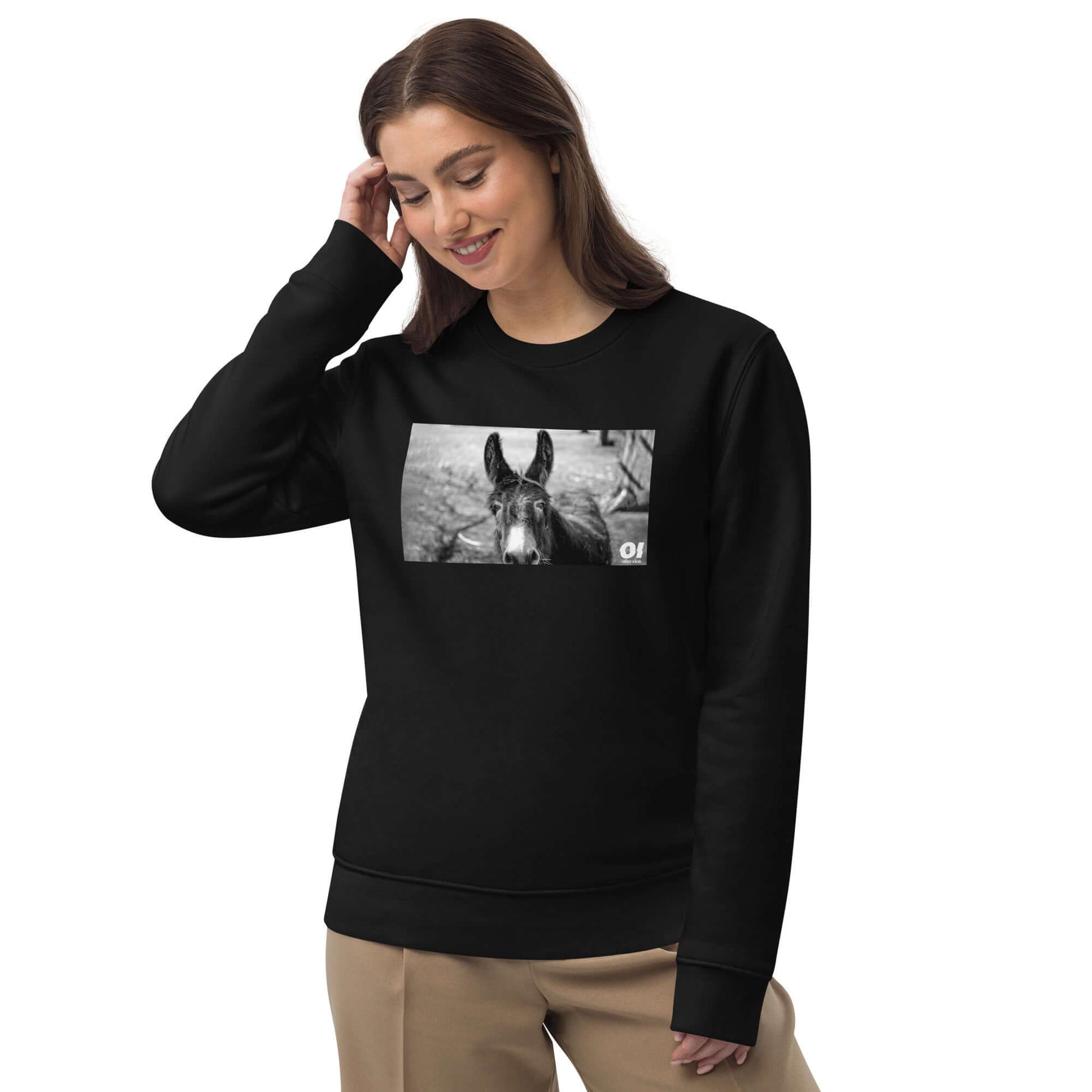 other ideas eco streetwear women's classic black sweatshirt with black and white happy donkey photo print organic cotton blend jersey sustainable slow fashion modelled front view