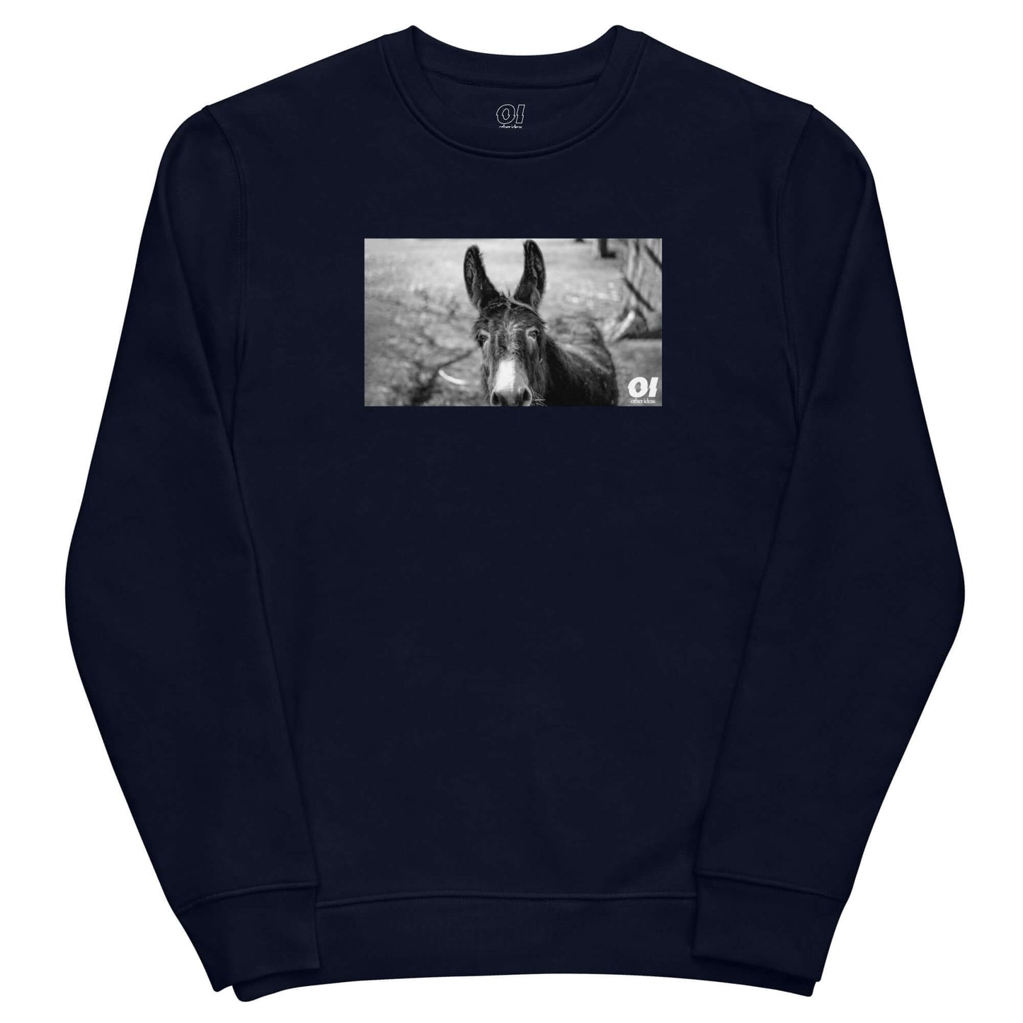 other ideas eco streetwear women's classic french navy blue sweatshirt with black and white happy donkey photo print organic cotton blend jersey sustainable slow fashion flat front view