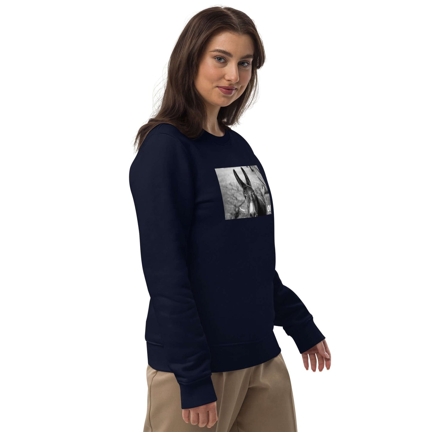 other ideas eco streetwear women's classic french navy blue sweatshirt with black and white happy donkey photo print organic cotton blend jersey sustainable slow fashion modelled front view