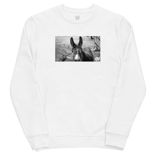 other ideas eco streetwear women's classic white sweatshirt with black and white happy donkey photo print organic cotton blend jersey sustainable slow fashion flat front view