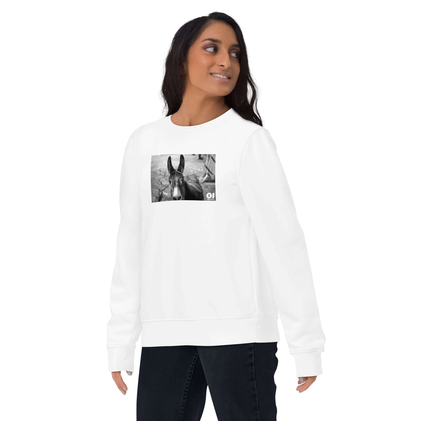 other ideas eco streetwear women's classic white sweatshirt with black and white happy donkey photo print organic cotton blend jersey sustainable slow fashion modelled front view