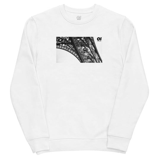 other ideas eco streetwear women's classic white sweatshirt with black and white Eiffel Tower photo print organic cotton blend jersey sustainable slow fashion flat front view