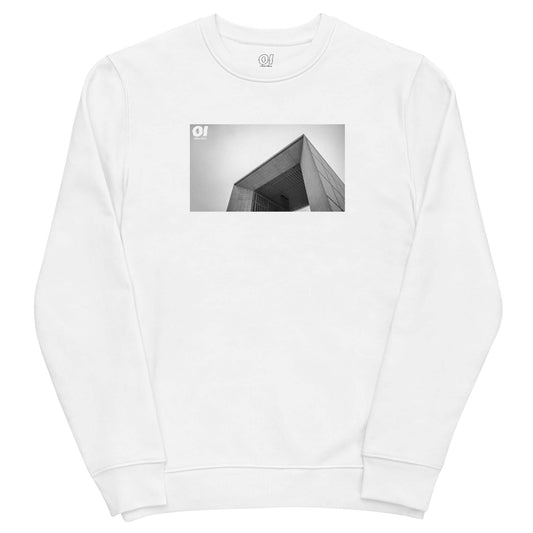 other ideas eco streetwear women's classic white sweatshirt with black and white la defense paris architecture photo print organic cotton blend jersey sustainable slow fashion flat front view