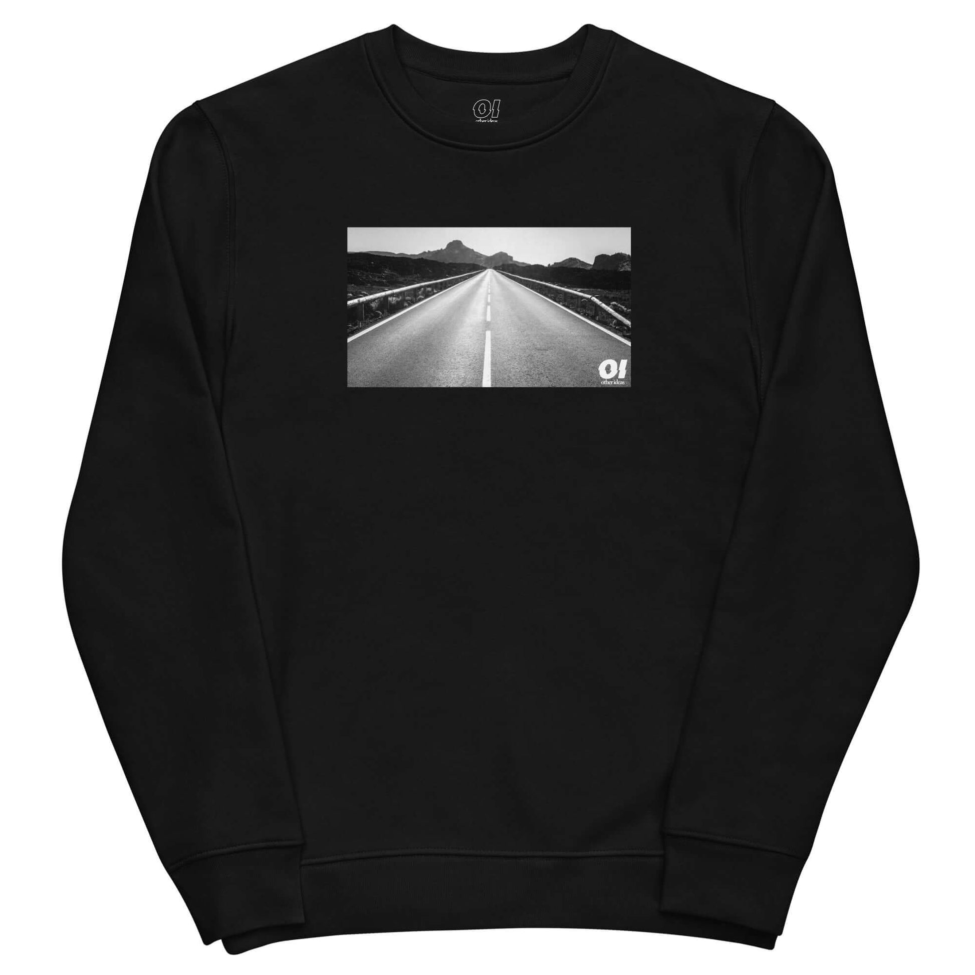 other ideas eco streetwear women's classic black sweatshirt with black and white open road photo print organic cotton blend jersey sustainable slow fashion flat front view