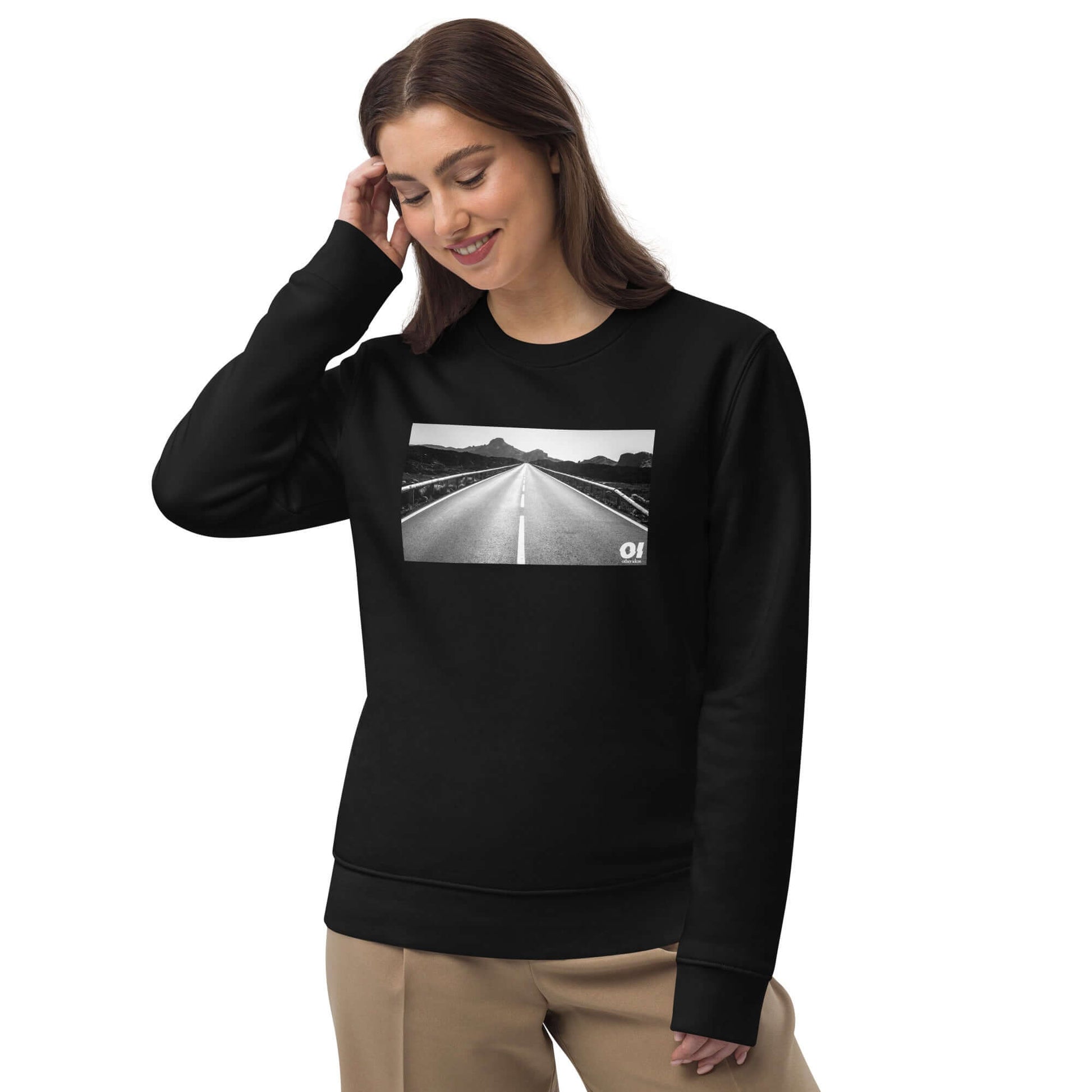 other ideas eco streetwear women's classic black sweatshirt with black and white open road photo print organic cotton blend jersey sustainable slow fashion modelled front view