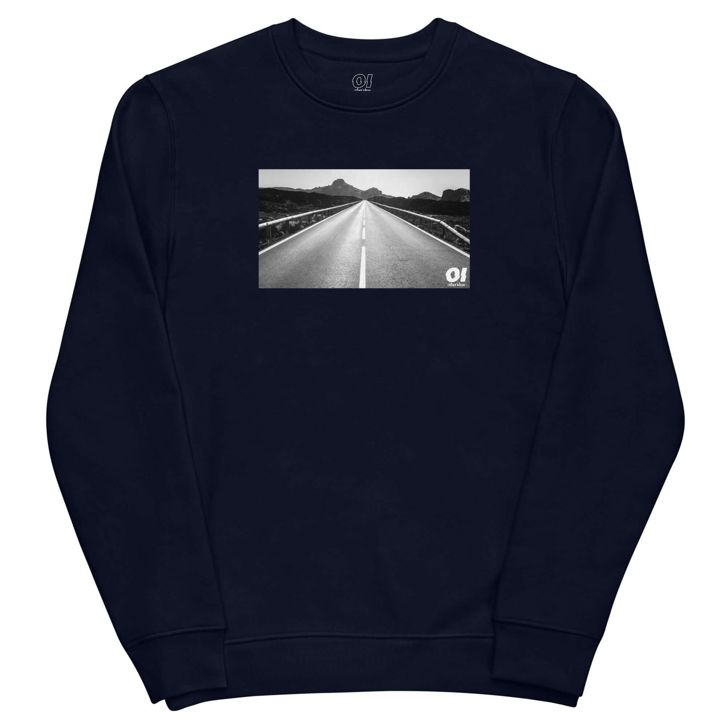 other ideas eco streetwear women's classic french navy blue sweatshirt with black and white open road photo print organic cotton blend jersey sustainable slow fashion flat front view