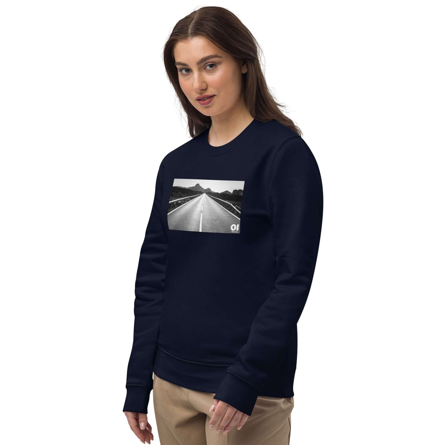 other ideas eco streetwear women's classic french navy blue sweatshirt with black and white open road photo print organic cotton blend jersey sustainable slow fashion modelled front view