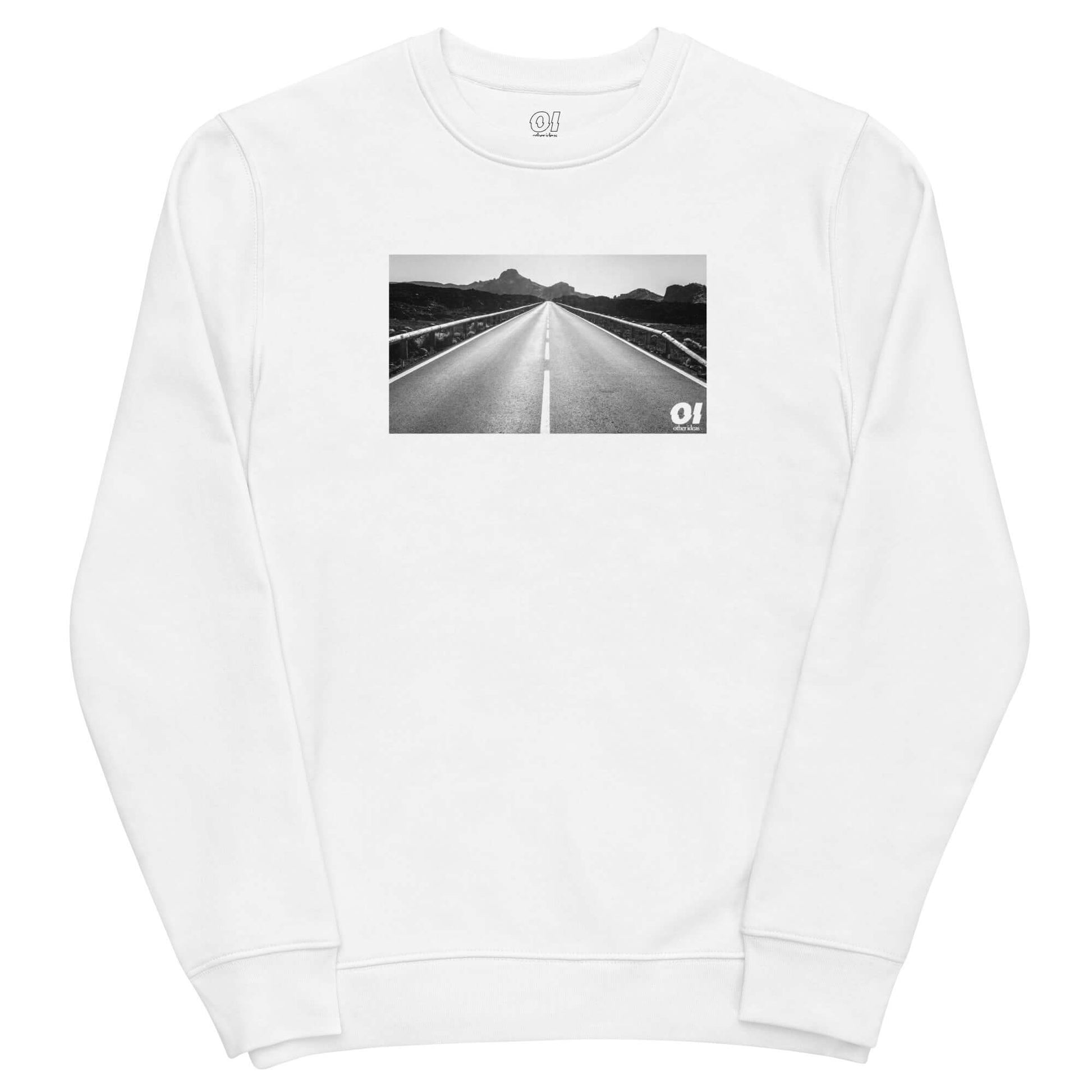 other ideas eco streetwear women's classic white sweatshirt with black and white open road photo print organic cotton blend jersey sustainable slow fashion flat front view