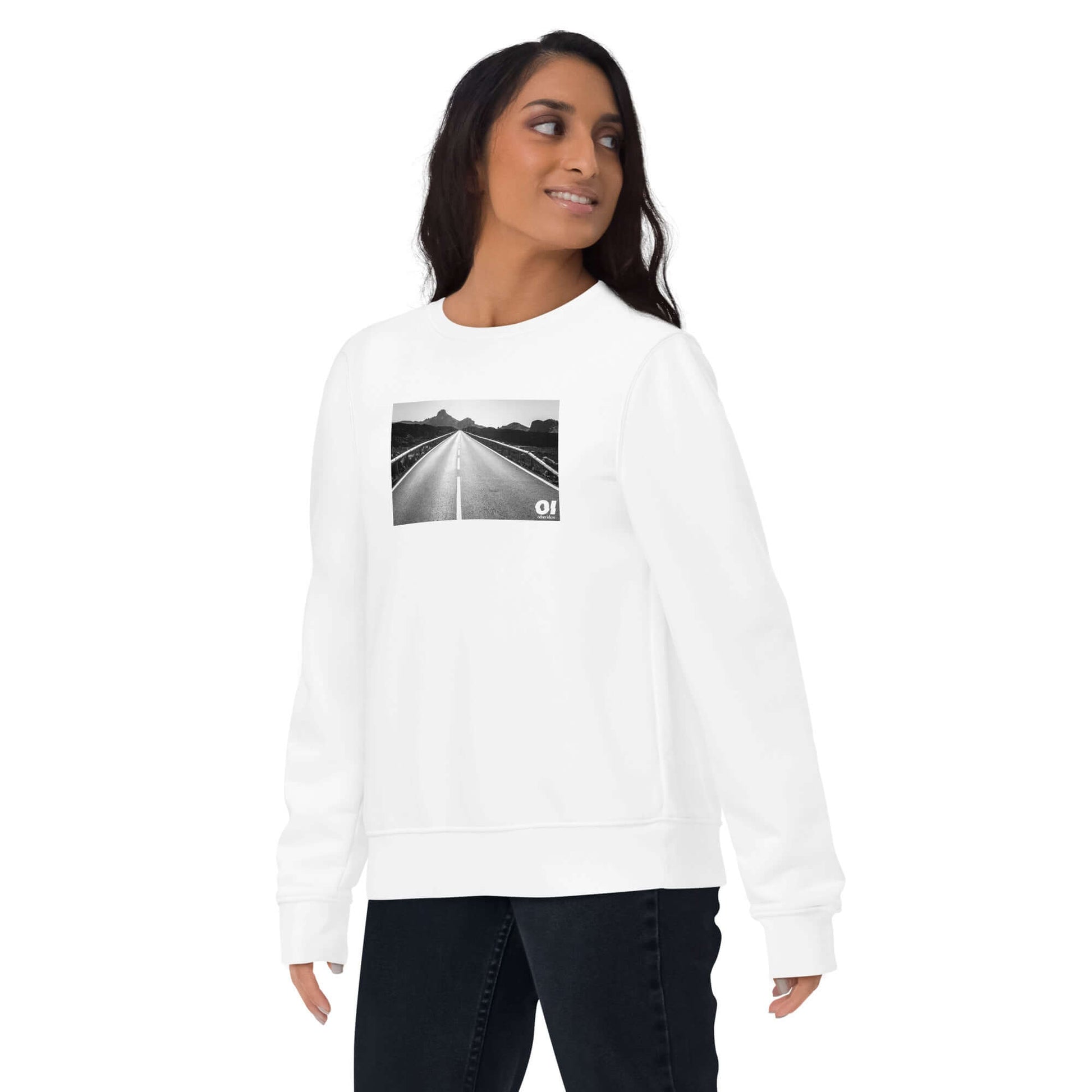 other ideas eco streetwear women's classic white sweatshirt with black and white open road photo print organic cotton blend jersey sustainable slow fashion modelled front view