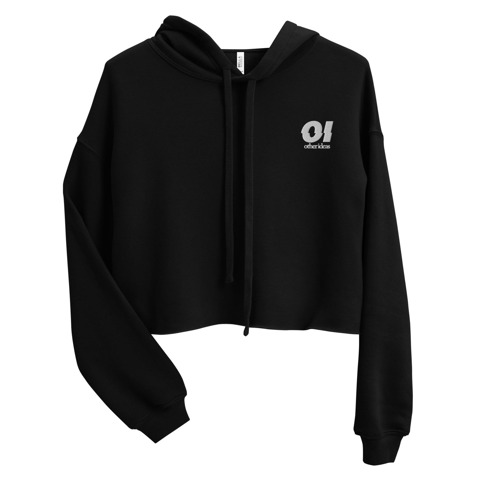 other ideas eco streetwear sustainable women's cropped sweatshirt fleece hoodie black logo embroidered slow fashion flat front view