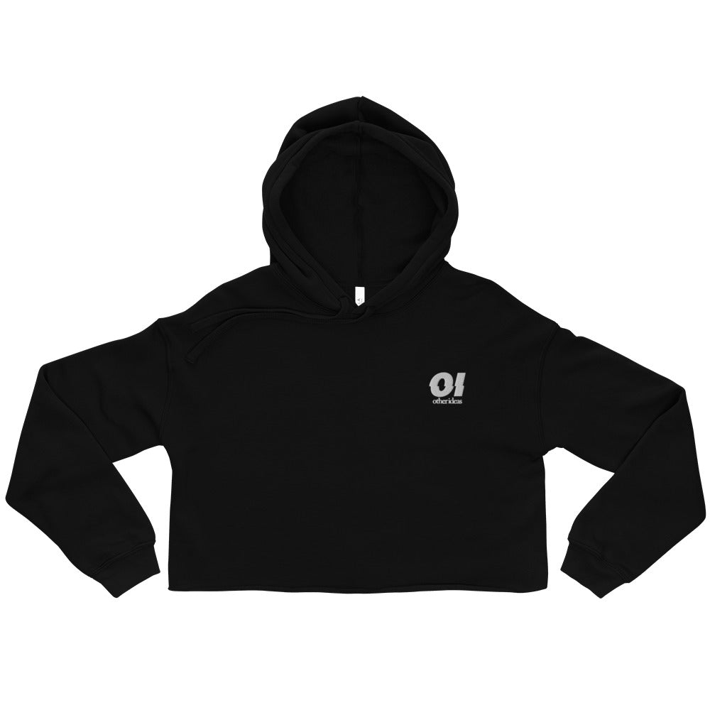 other ideas eco streetwear sustainable women's cropped sweatshirt fleece hoodie black logo embroidered slow fashion flat front view alternate