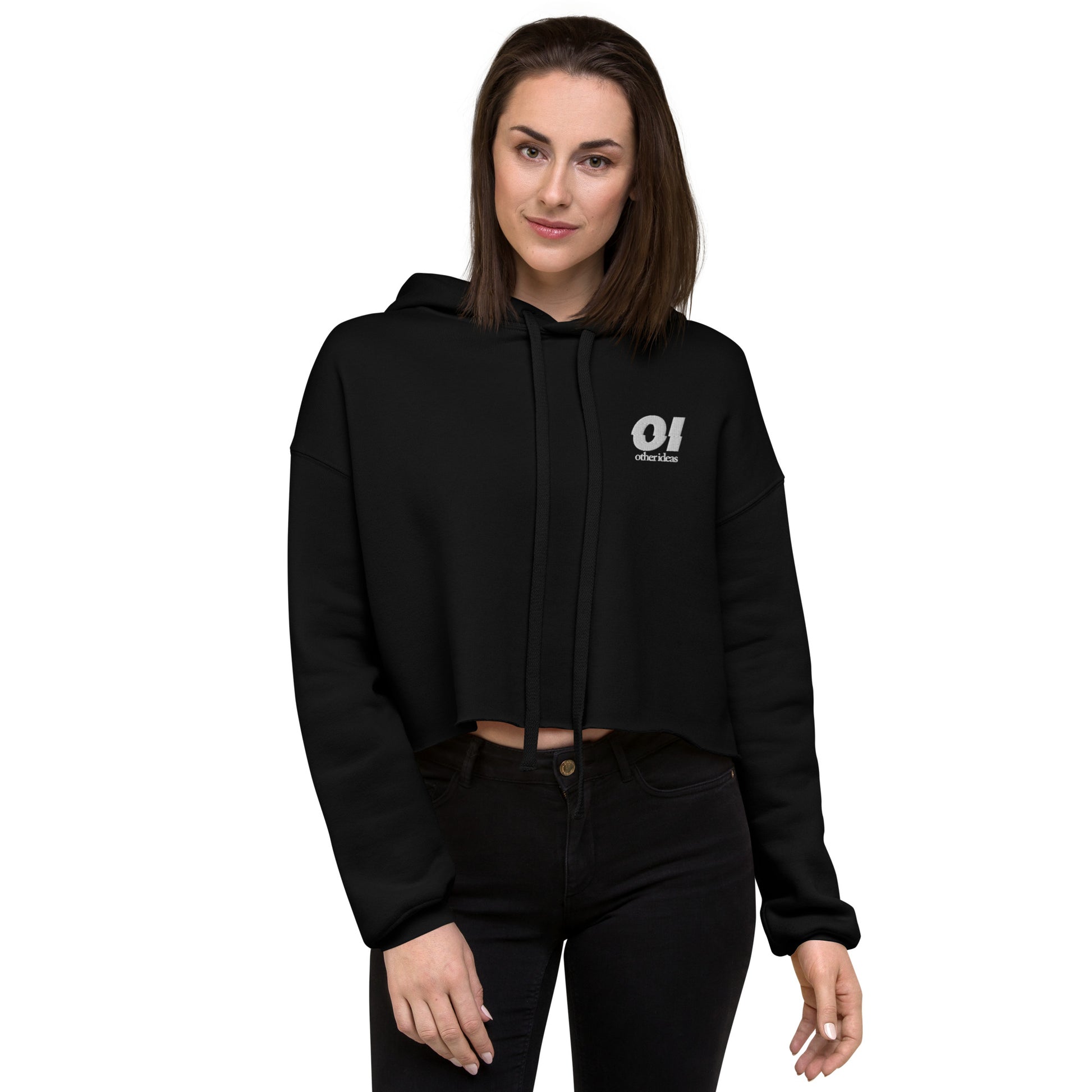 other ideas eco streetwear sustainable women's cropped sweatshirt fleece hoodie black logo embroidered slow fashion modelled front view