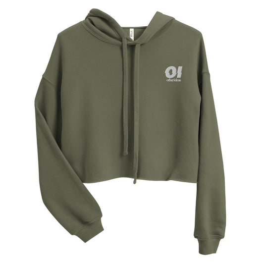 other ideas eco streetwear sustainable women's cropped sweatshirt fleece hoodie green logo embroidered slow fashion flat front view