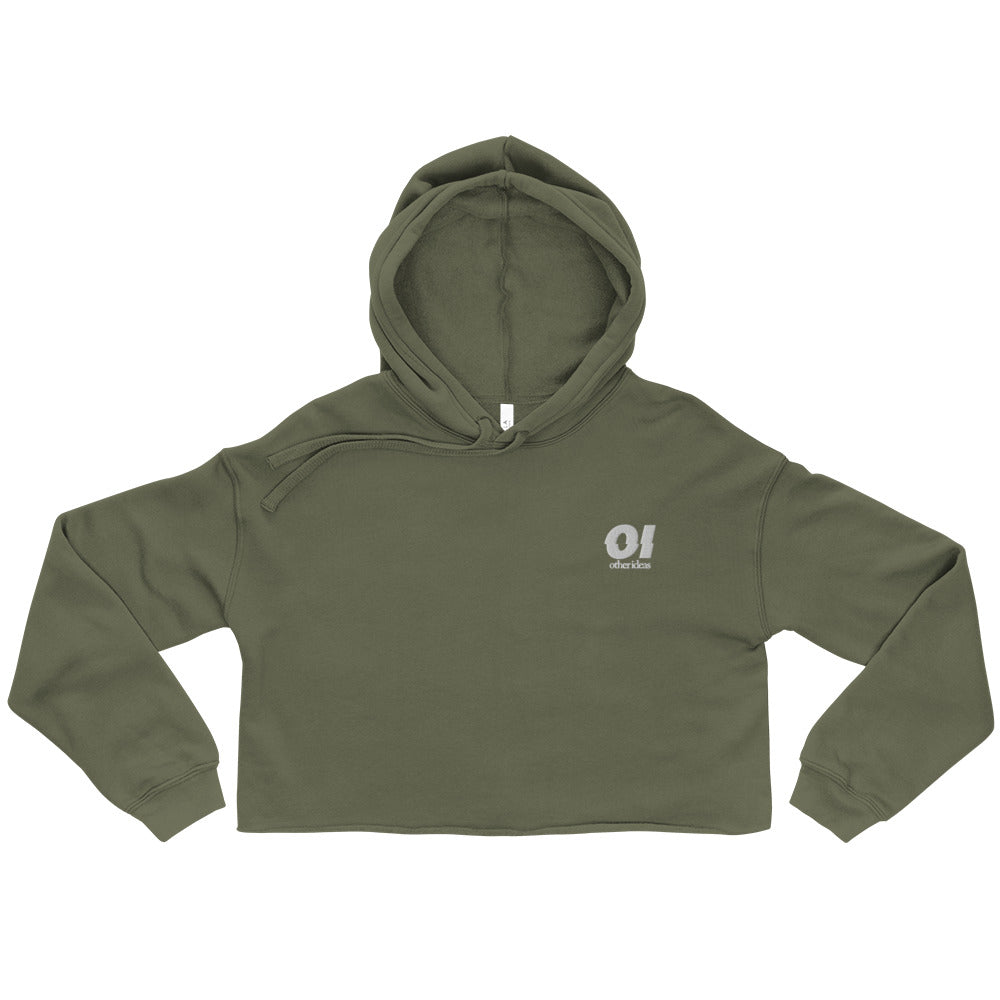 other ideas eco streetwear sustainable women's cropped sweatshirt fleece hoodie green logo embroidered slow fashion flat front view alternate