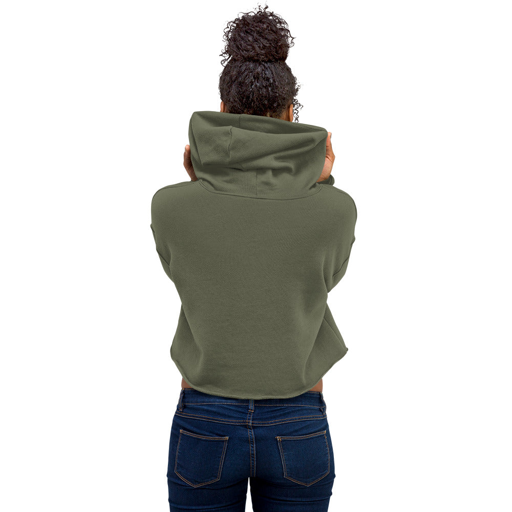 other ideas eco streetwear sustainable women's cropped sweatshirt fleece hoodie green logo embroidered slow fashion modelled back view