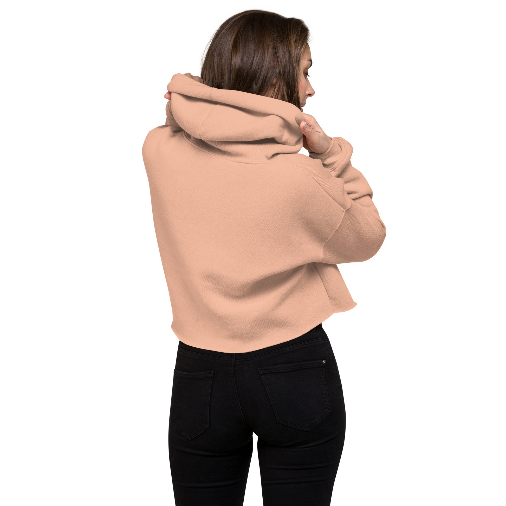 other ideas eco streetwear sustainable women's cropped sweatshirt fleece hoodie peach logo embroidered slow fashion modelled back view