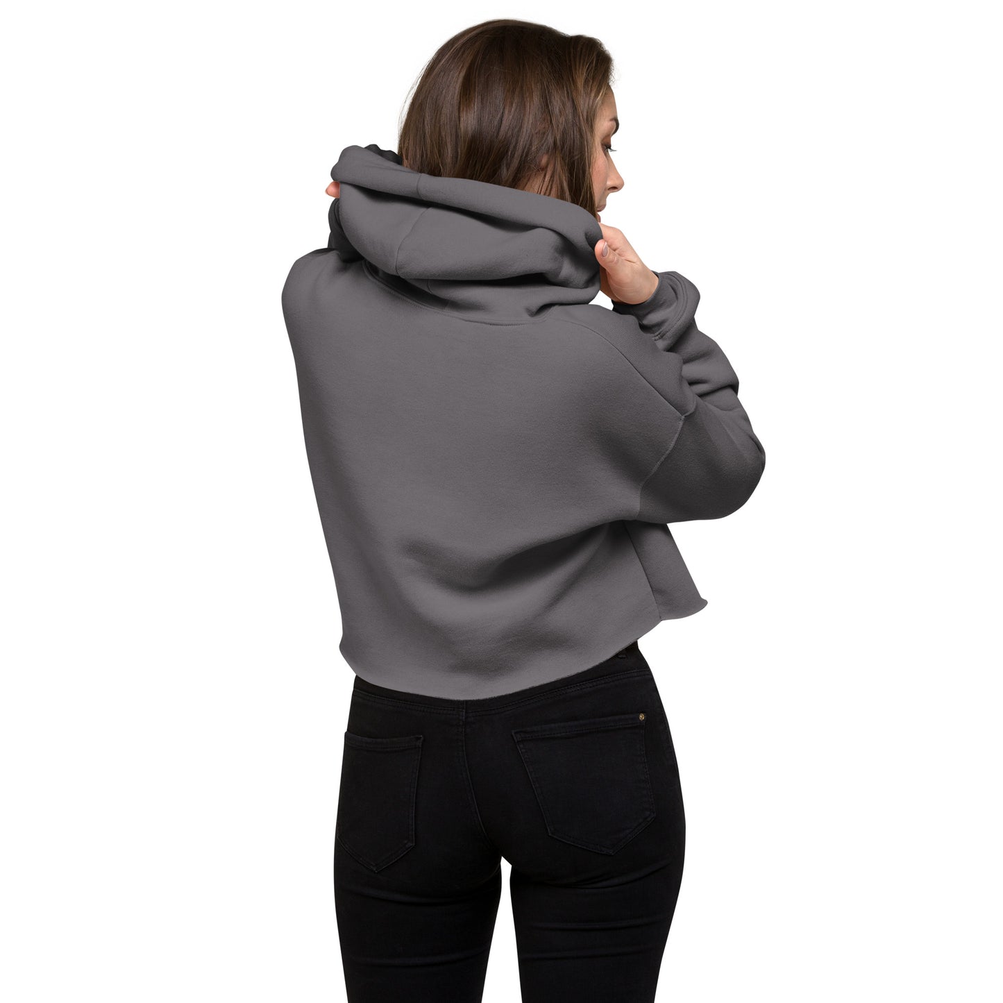 other ideas eco streetwear sustainable women's cropped sweatshirt fleece hoodie storm grey logo embroidered slow fashion modelled back view