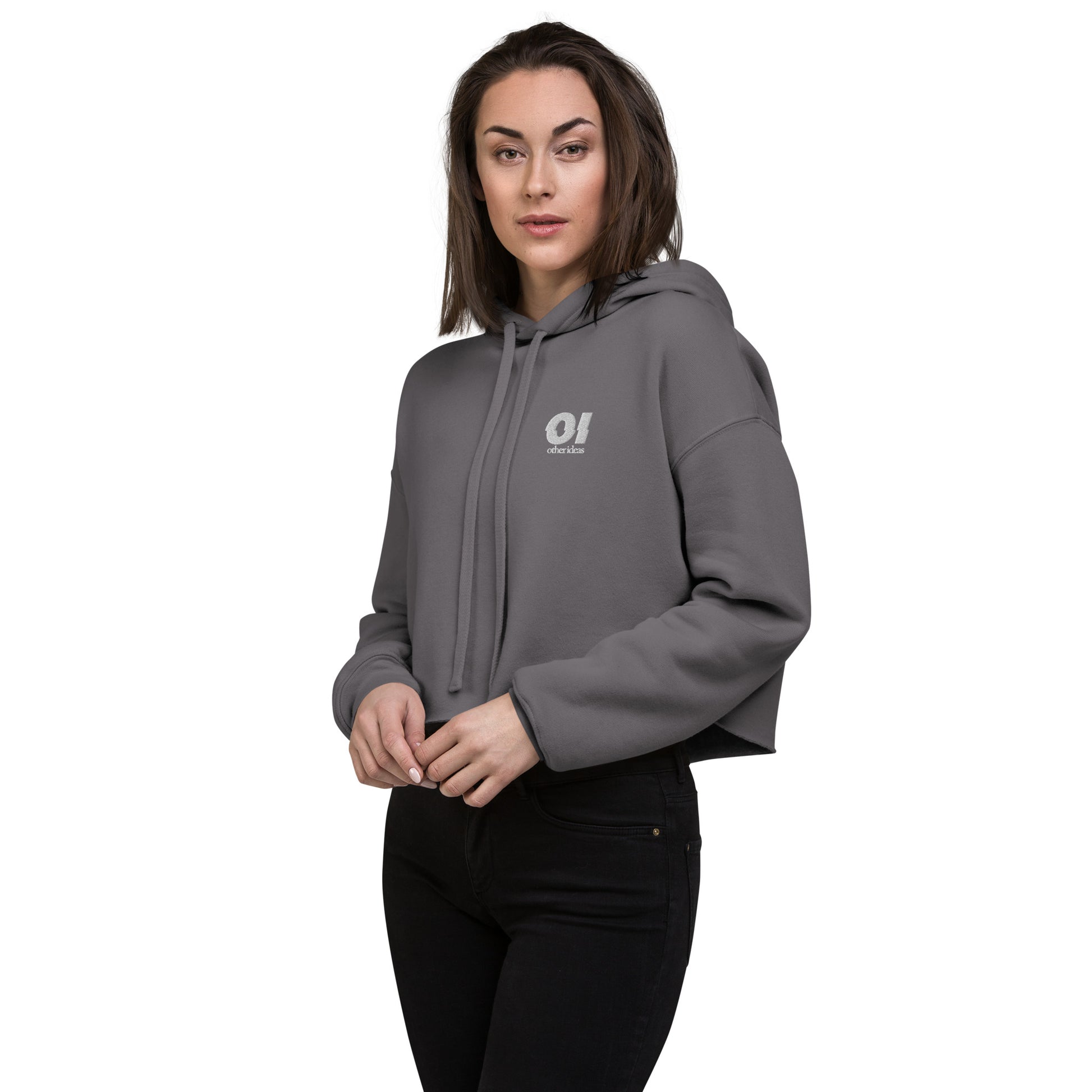 other ideas eco streetwear sustainable women's cropped sweatshirt fleece hoodie storm grey logo embroidered slow fashion modelled front view alternate