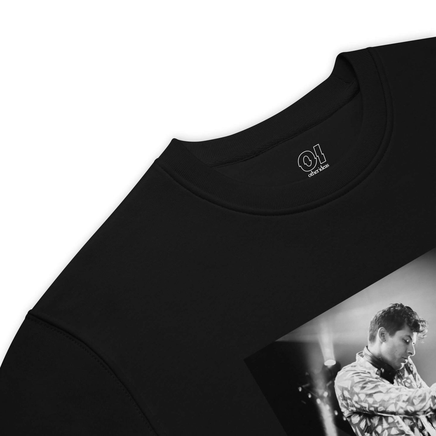 other ideas eco streetwear women's classic black sweatshirt with Dj Mark Ronson photo print organic cotton blend jersey sustainable slow fashion flat front view showing collar and photo detail