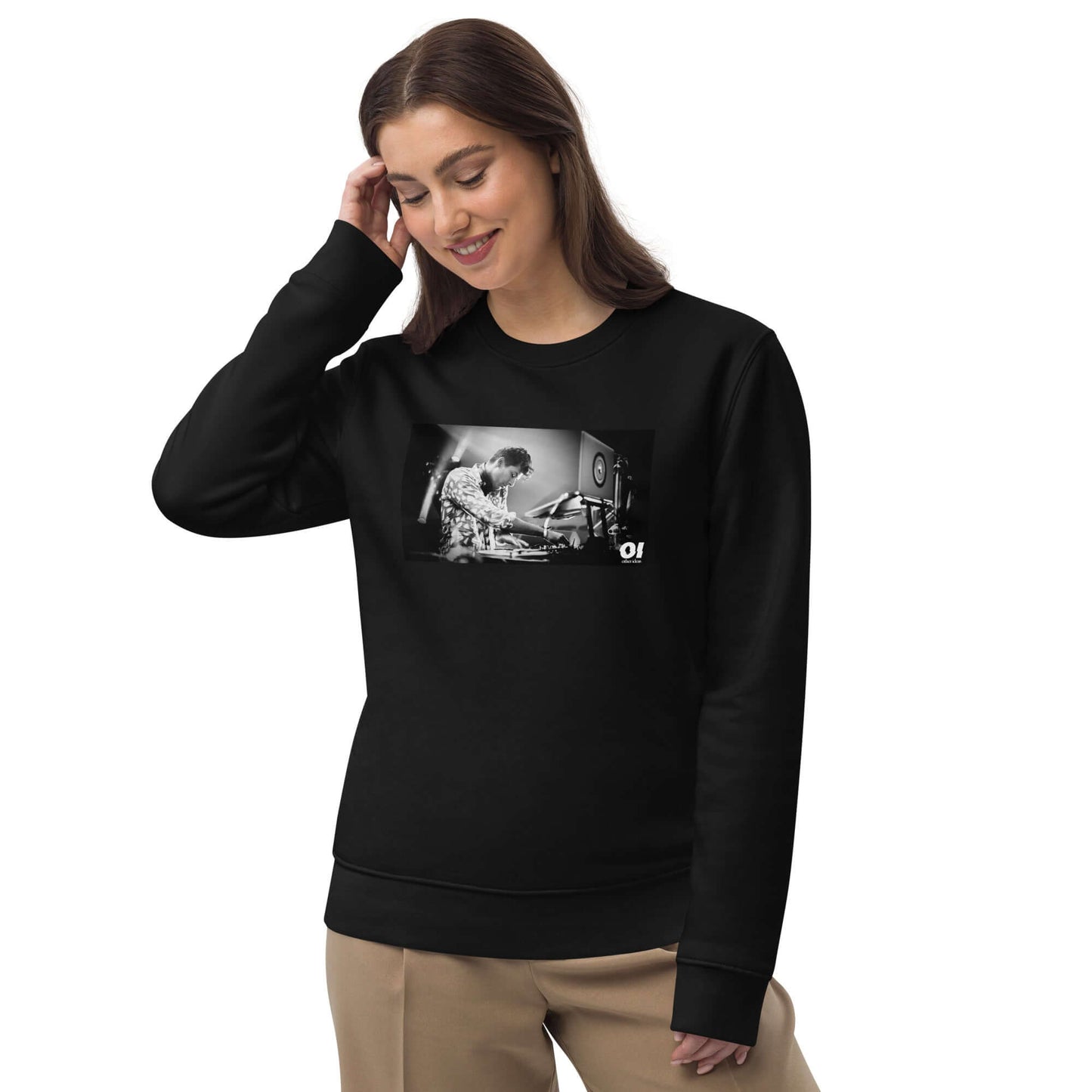 other ideas eco streetwear women's classic black sweatshirt with Dj Mark Ronson photo print organic cotton blend jersey sustainable slow fashion modelled front view