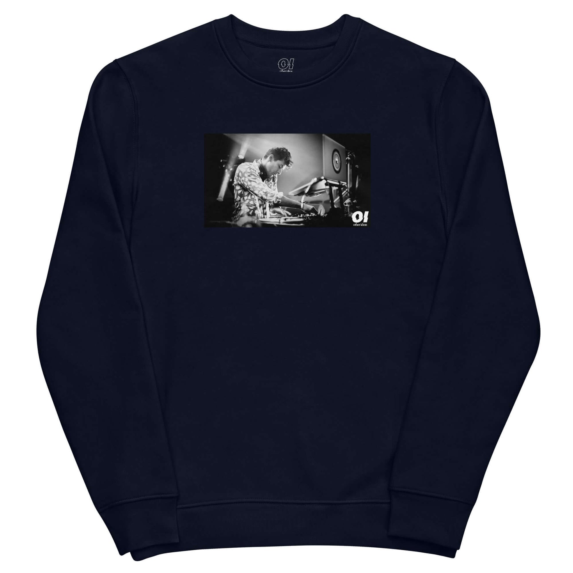 other ideas eco streetwear women's classic french navy blue sweatshirt with Dj Mark Ronson photo print organic cotton blend jersey sustainable slow fashion flat front view