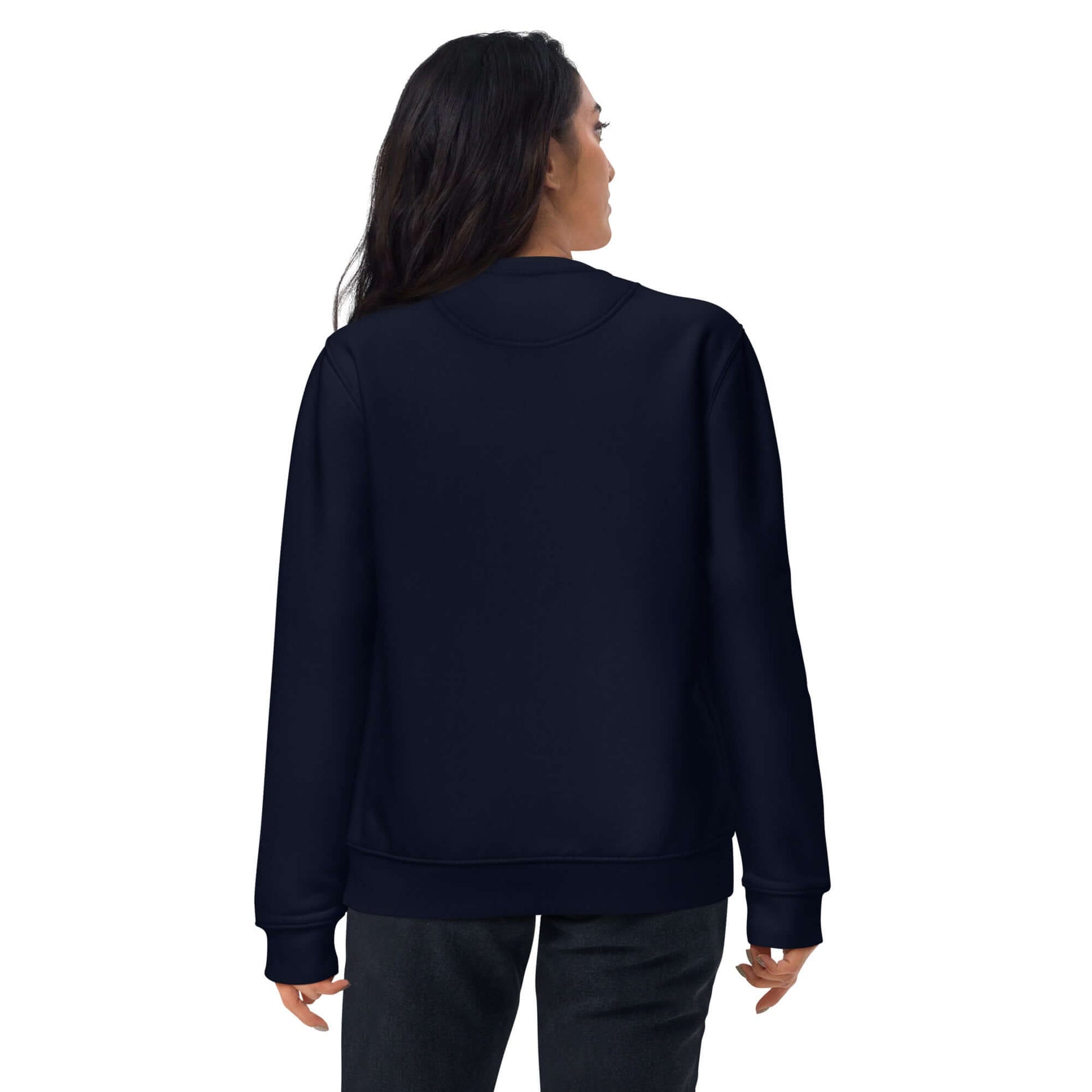 other ideas eco streetwear women's classic french navy blue sweatshirt with Dj Mark Ronson photo print organic cotton blend jersey sustainable slow fashion modelled back view