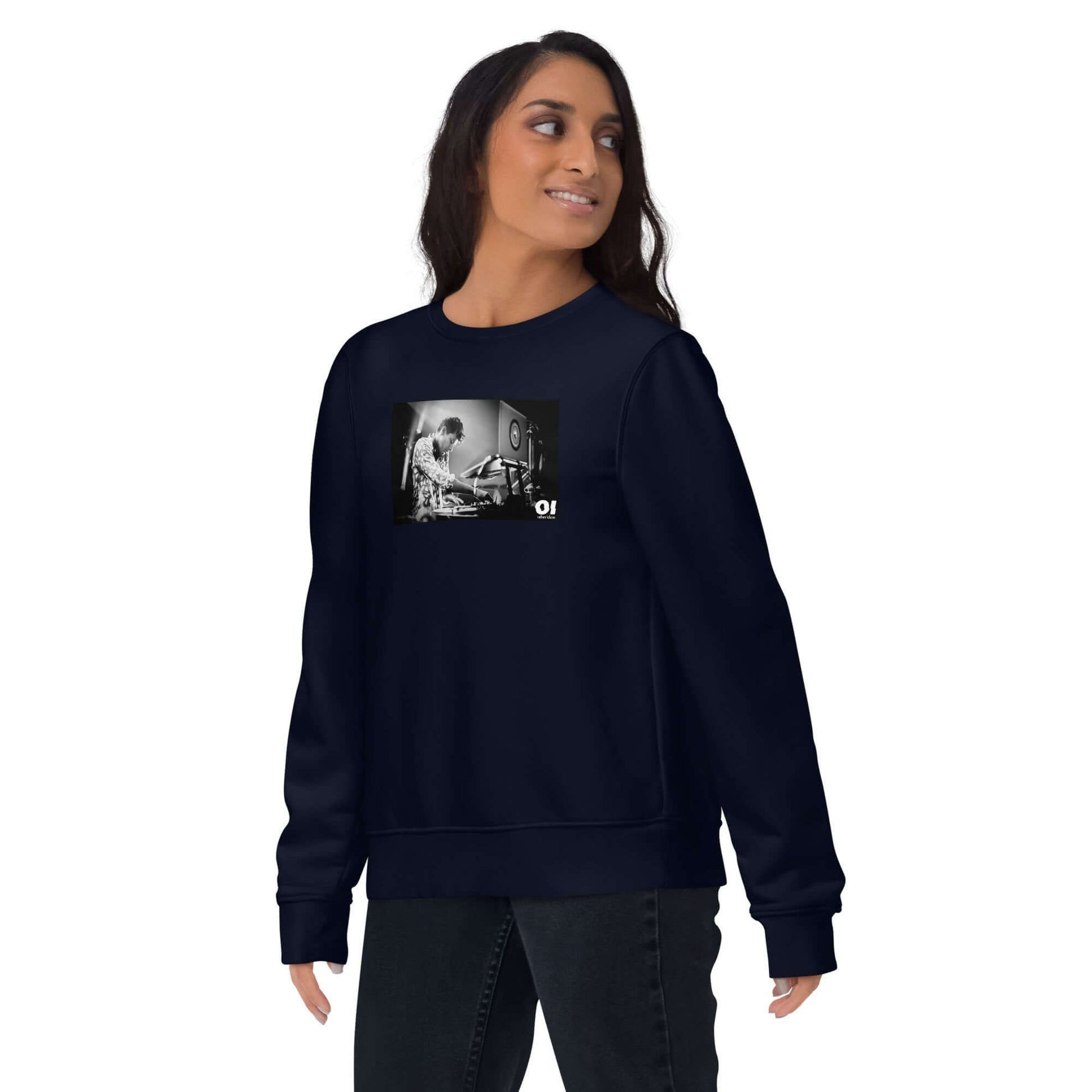 other ideas eco streetwear women's classic french navy blue sweatshirt with Dj Mark Ronson photo print organic cotton blend jersey sustainable slow fashion modelled front view