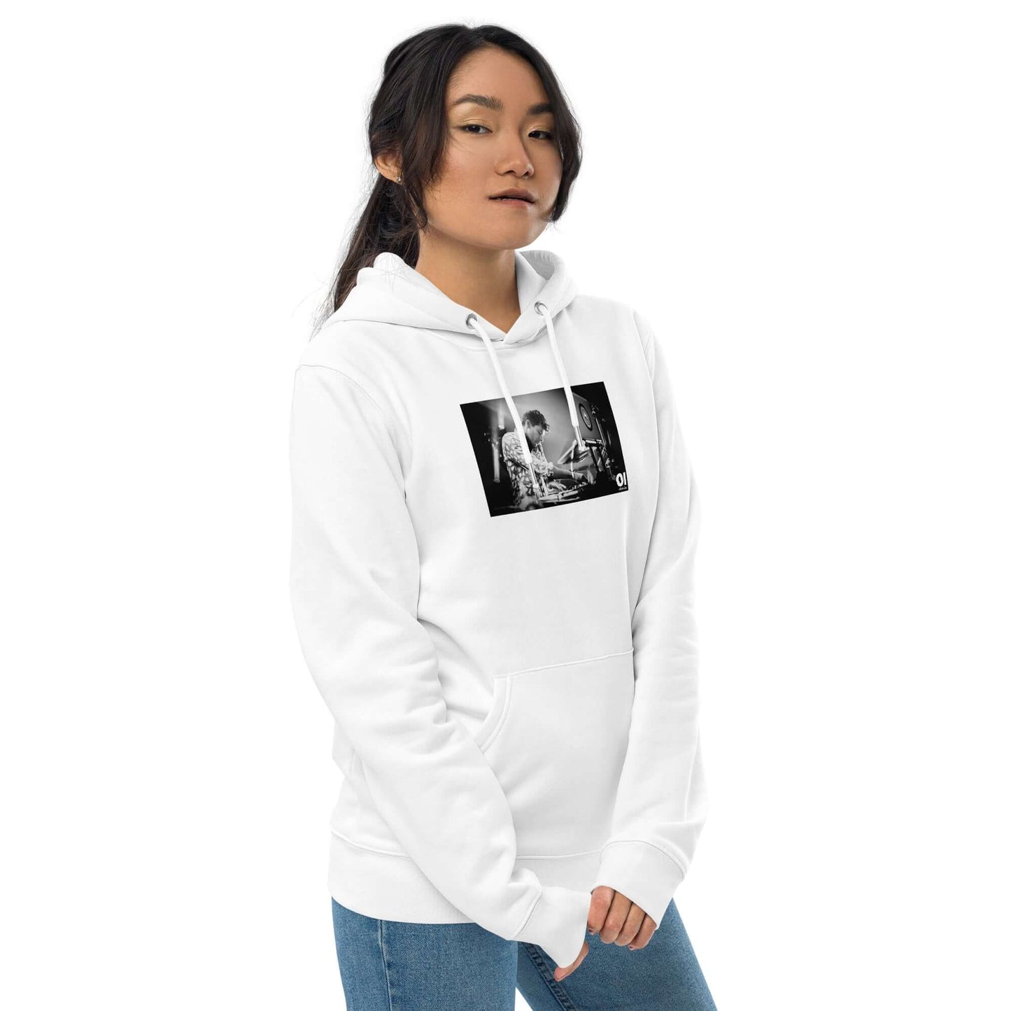 other ideas eco streetwear women's classic white sweatshirt hoodie with Dj Mark Ronson photo print organic cotton blend jersey sustainable slow fashion modelled front view with hood down