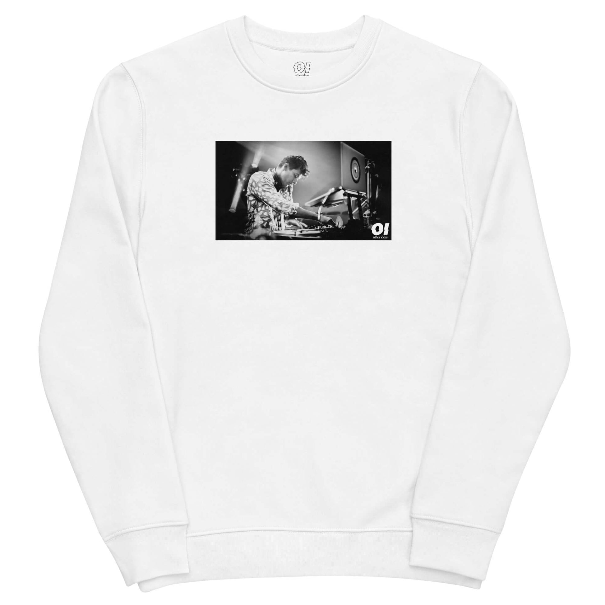 other ideas eco streetwear women's classic white sweatshirt with Dj Mark Ronson photo print organic cotton blend jersey sustainable slow fashion flat front view