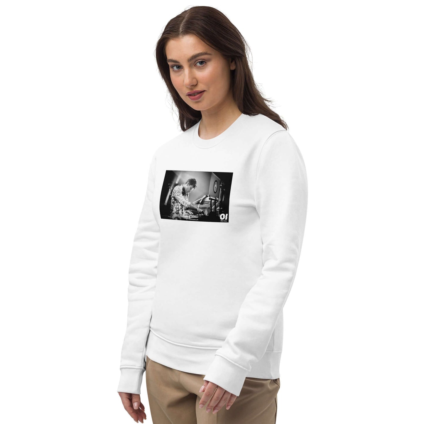 other ideas eco streetwear women's classic white sweatshirt with Dj Mark Ronson photo print organic cotton blend jersey sustainable slow fashion modelled front view