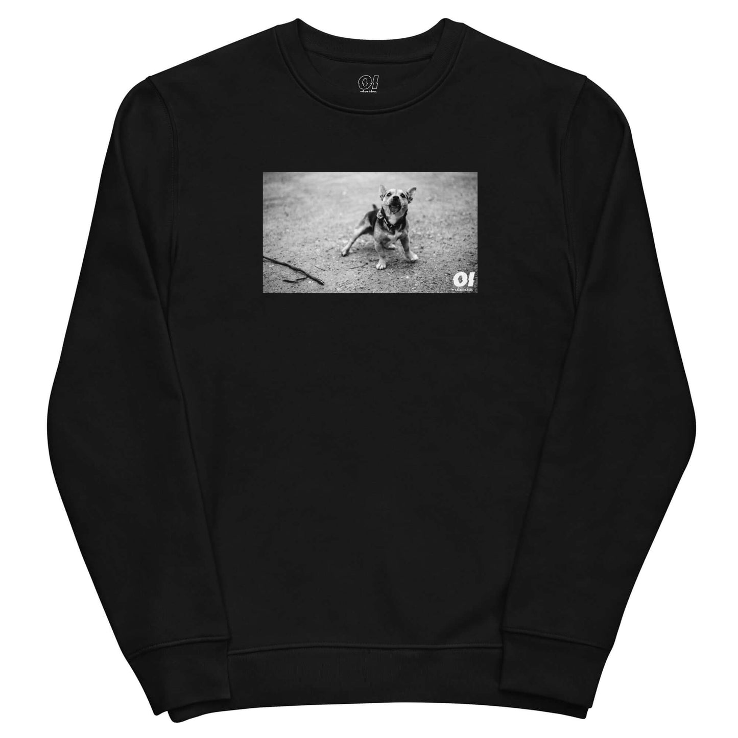 other ideas eco streetwear women's classic black sweatshirt with dog photo print organic cotton blend jersey sustainable slow fashion flat front view