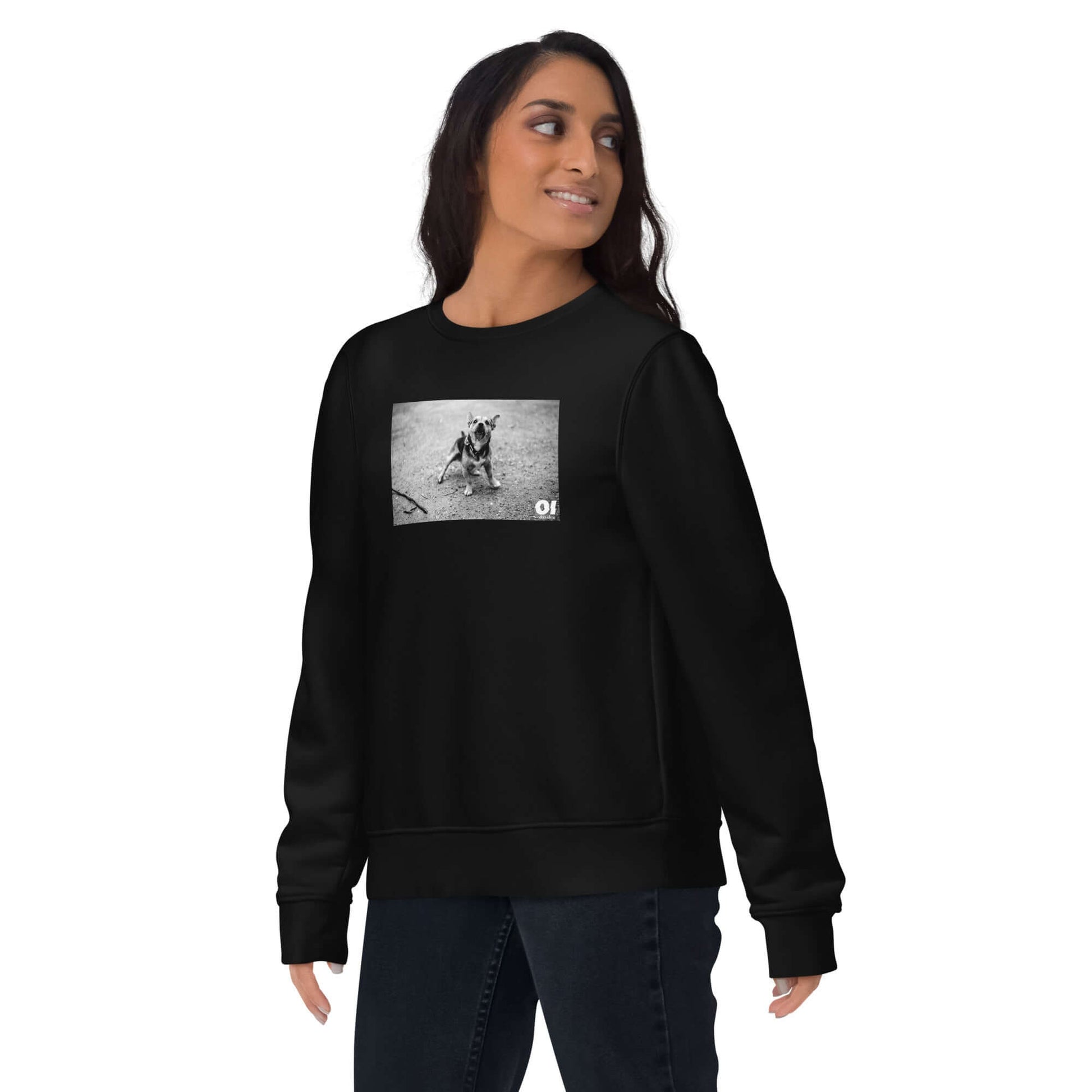 other ideas eco streetwear women's classic black sweatshirt with dog photo print organic cotton blend jersey sustainable slow fashion modelled front view