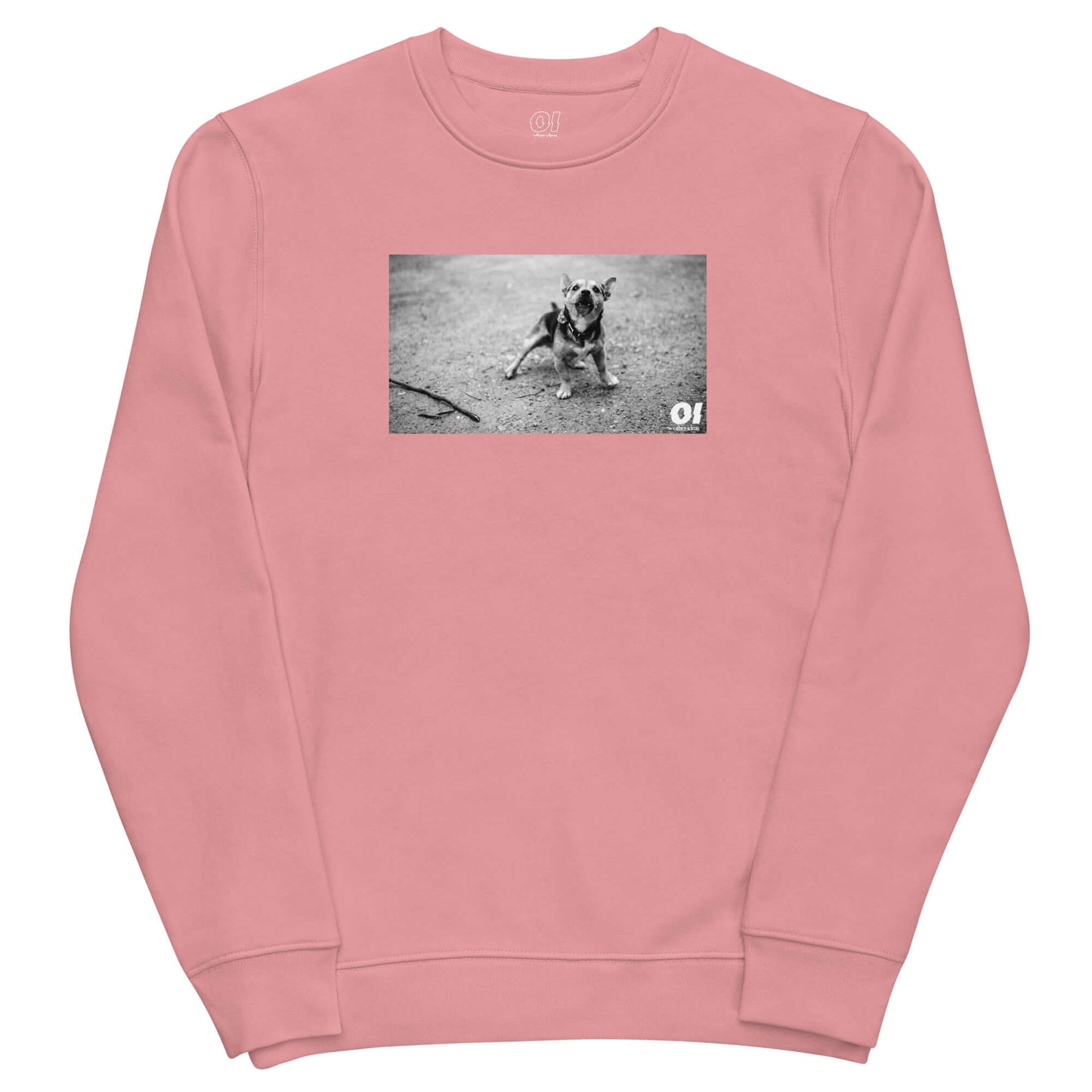 other ideas eco streetwear women's classic canyon pink sweatshirt with dog photo print organic cotton blend jersey sustainable slow fashion flat front view