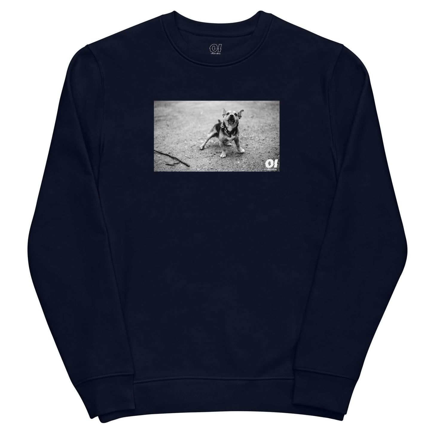 other ideas eco streetwear women's classic french navy blue sweatshirt with dog photo print organic cotton blend jersey sustainable slow fashion flat front view