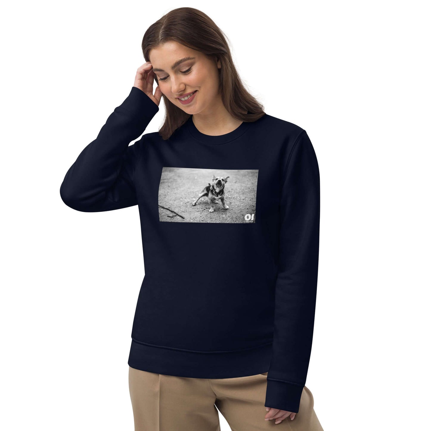 other ideas eco streetwear women's classic french navy blue sweatshirt with dog photo print organic cotton blend jersey sustainable slow fashion modelled front view