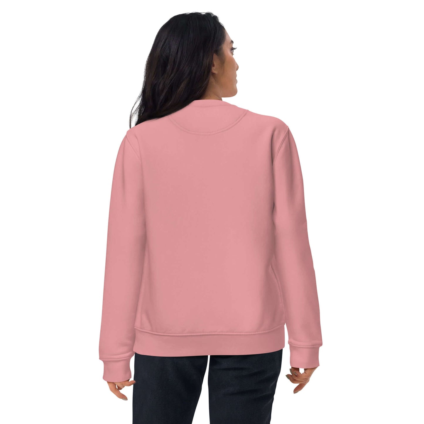 other ideas eco streetwear women's classic canyon pink sweatshirt with dog photo print organic cotton blend jersey sustainable slow fashion modelled back view