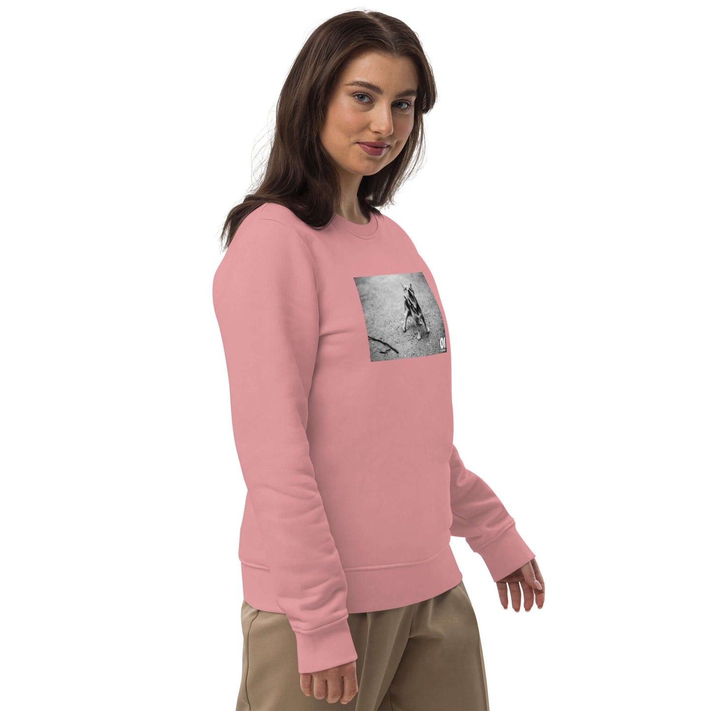 other ideas eco streetwear women's classic canyon pink sweatshirt with dog photo print organic cotton blend jersey sustainable slow fashion modelled front view