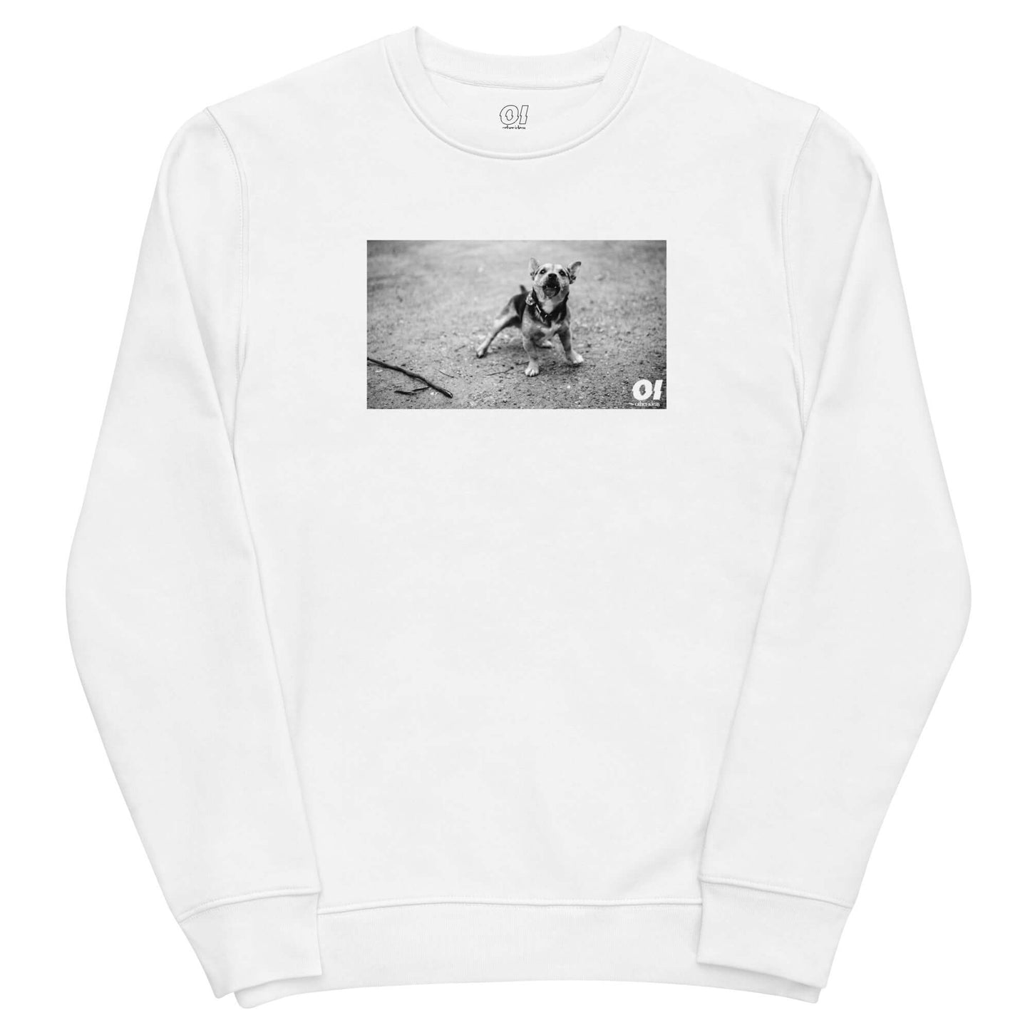 other ideas eco streetwear women's classic white sweatshirt with dog photo print organic cotton blend jersey sustainable slow fashion flat front view