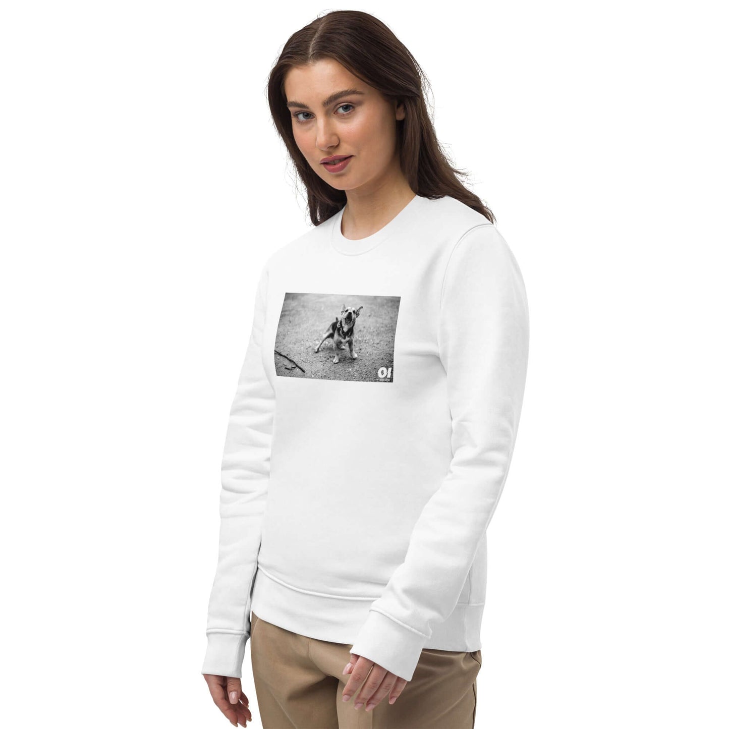 other ideas eco streetwear women's classic white sweatshirt with dog photo print organic cotton blend jersey sustainable slow fashion modelled front view