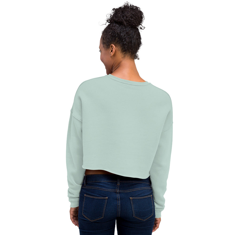 other ideas eco streetwear sustainable women's dusty blue cropped sweatshirt logo embroidered slow fashion modelled back view