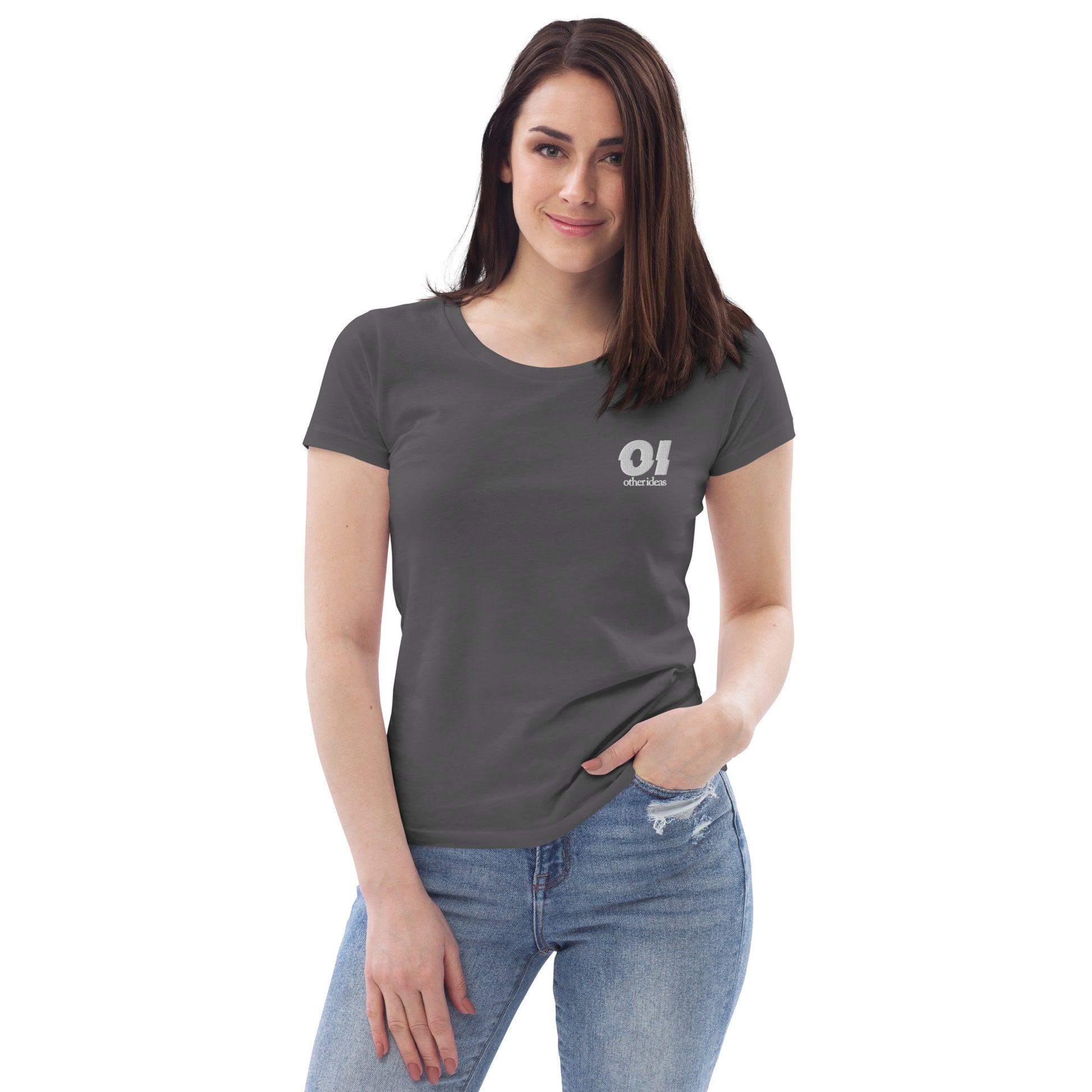 other ideas eco streetwear women's fitted black logo embroidered crewneck organic cotton t-shirt sustainable slow fashion modelled from the front